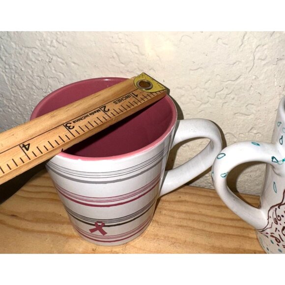 Ceramic Coffee Mug Set With Pink Ribbon & Abstract Design - Picture 4 of 4